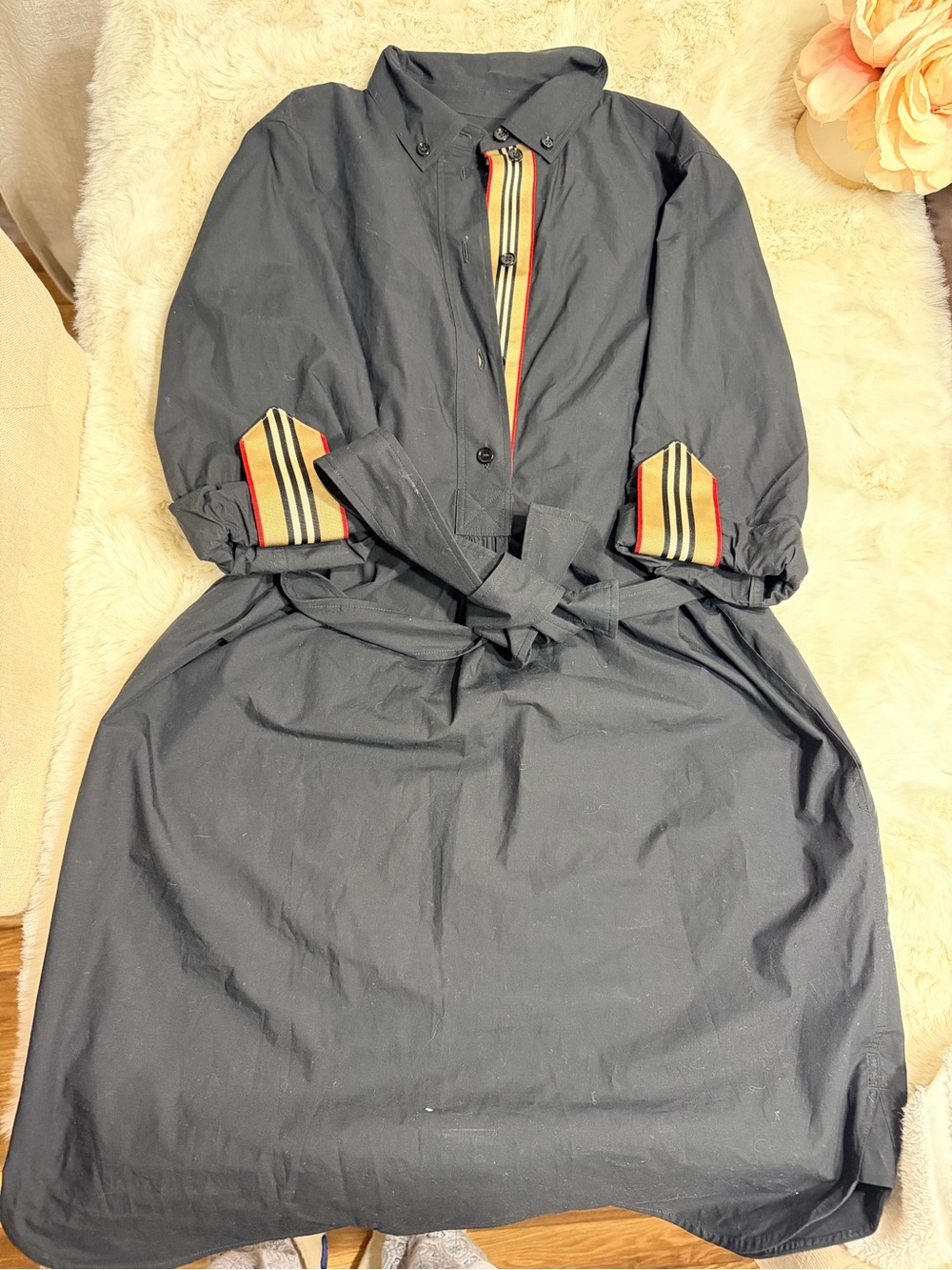 Burberry Dark Navy Coat with Iconic Beige Check Trim